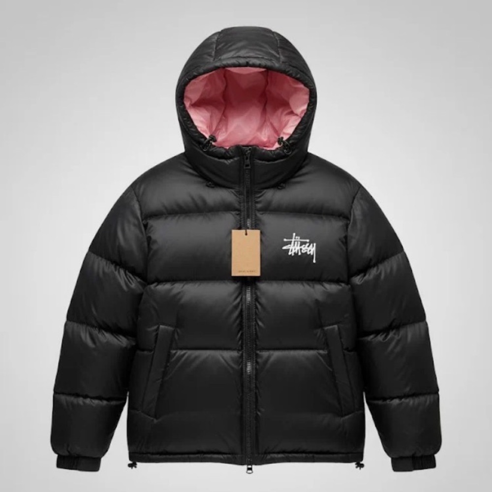 Stussy Kids Puffer Jacket in Black with Pink Interior